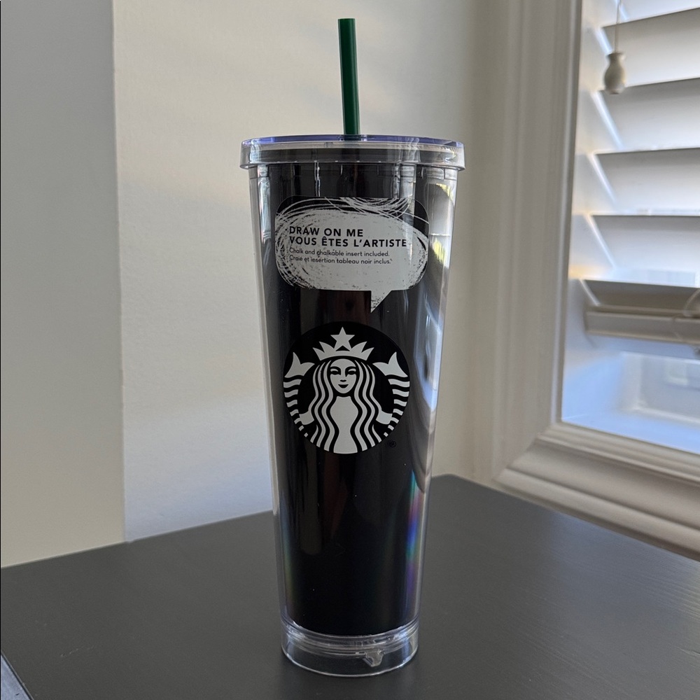 BNWT Starbucks “Draw On Me” Black and Clear Tumbler with Green Straw